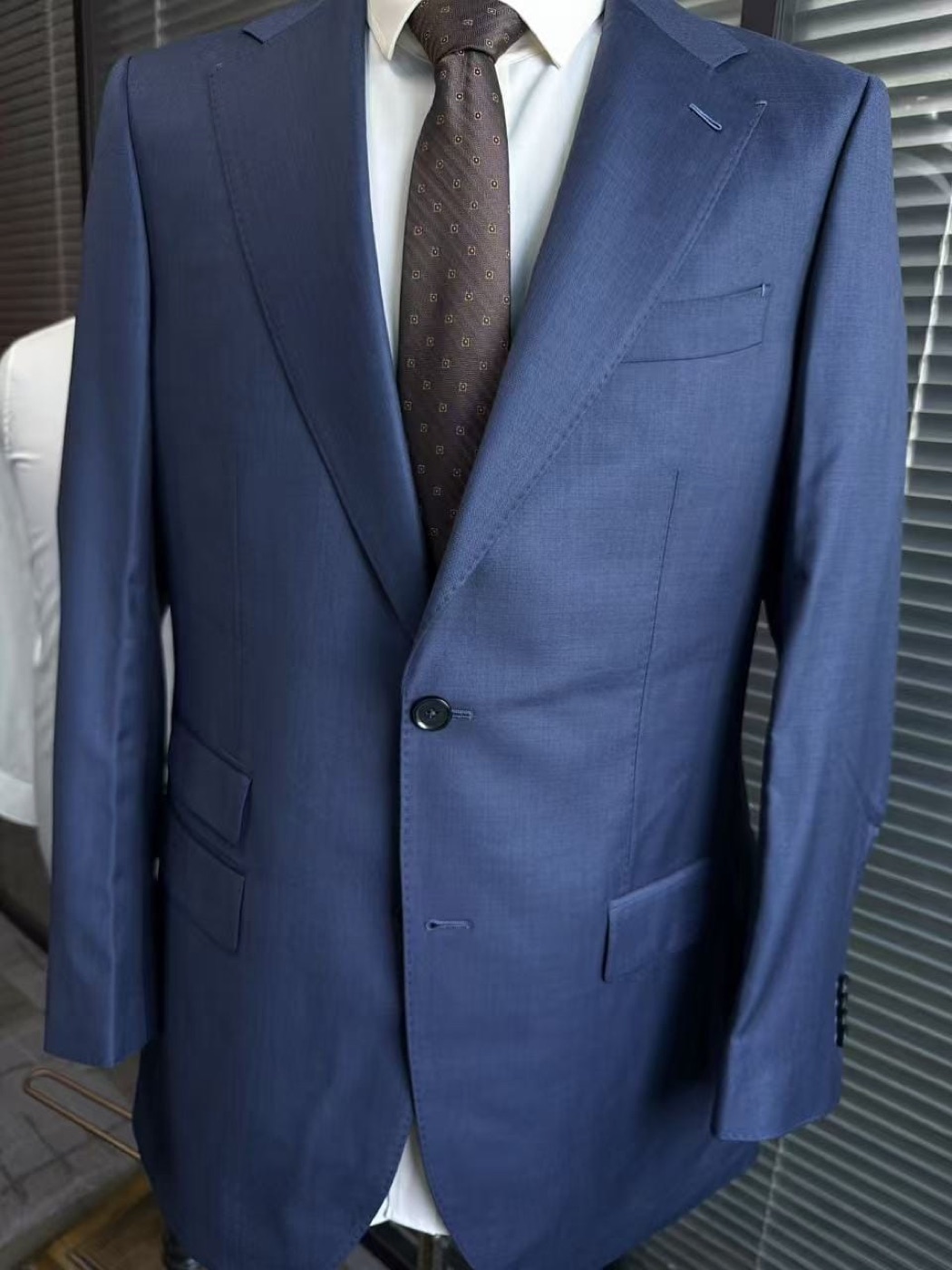 Indigo made-to-measure suit with peak lapels
